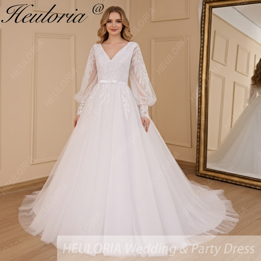 HEULORIA elegant A line long sleeve Court Train Tulle Lace Wedding Dress With Sequins AL-694