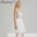 HEULORIA Enchanting Tiered Tulle Short evening Dress - Floral Lace Appliqué & Plunging V-Neck with Spaghetti Straps homecoming dress ED-290