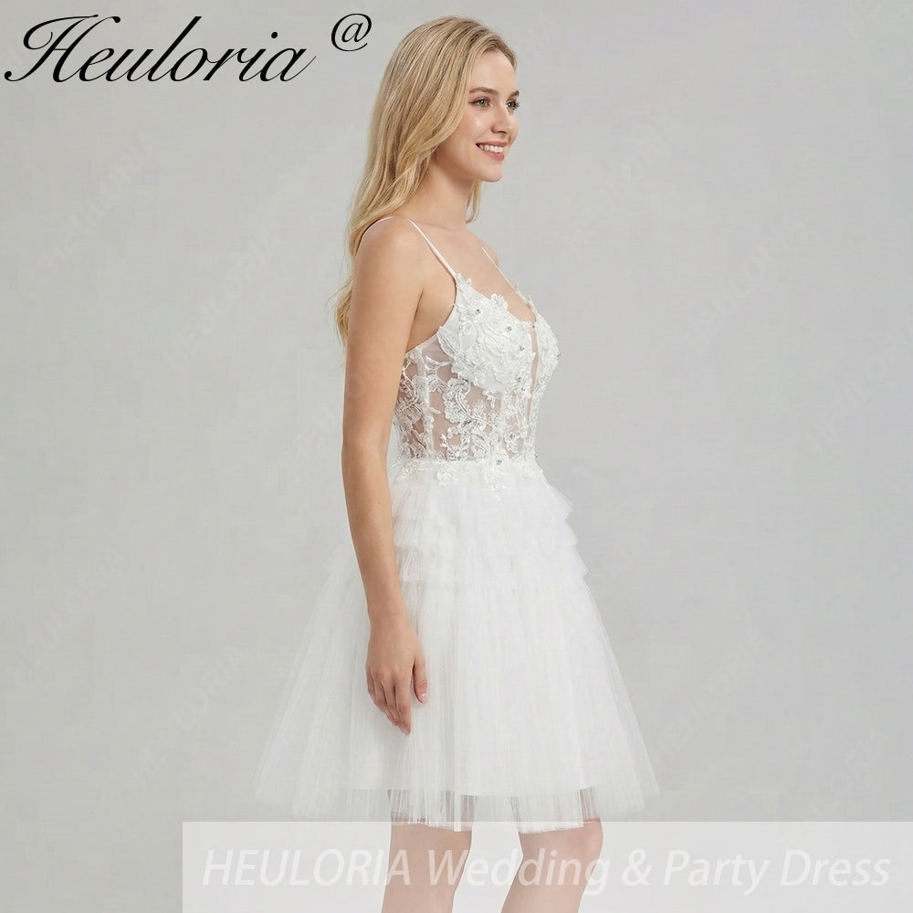 HEULORIA Enchanting Tiered Tulle Short evening Dress - Floral Lace Appliqué & Plunging V-Neck with Spaghetti Straps homecoming dress ED-290