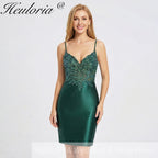 HEULORIA Emerald Green Sequin Lace Bodice Satin Mini Dress - V-Neck Spaghetti Strap Cocktail Party Gown ED-289