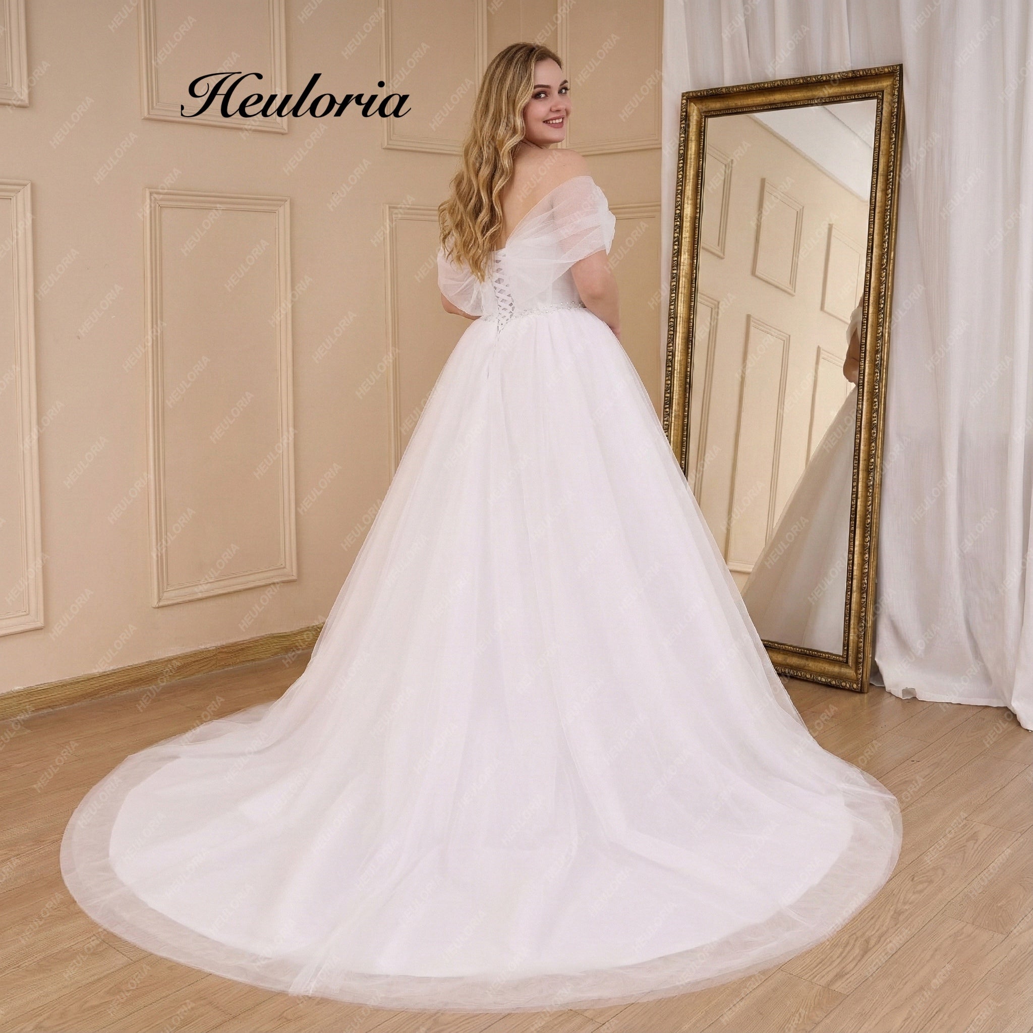 HEULORIA Boho A line Wedding Dress off shoulde beading belt bride Dress tulle lace up back plus size AL-818 - 26W / Ivory HEULORIA Boho A line Wedding Dress off shoulde beading belt bride Dress tulle lace up back plus size AL-818 - 26W / Ivory