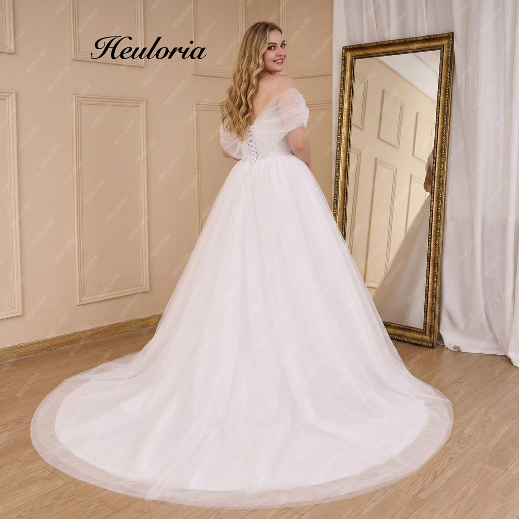 HEULORIA Boho A line Wedding Dress off shoulde beading belt bride dress tulle lace up back plus size AL-818