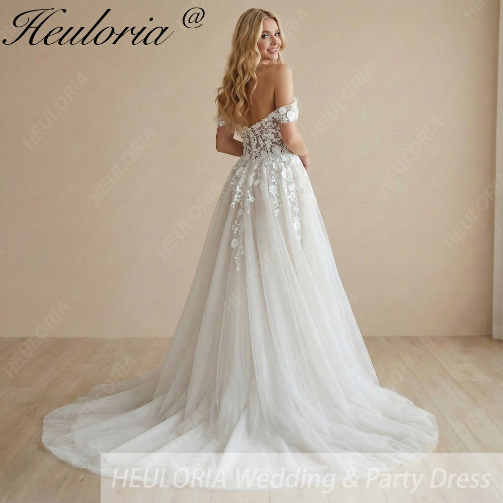 HEULORIA Romantic 3D Floral Lace Off-the-Shoulder A-Line Wedding Dress: Sweetheart Neckline & Shimmer Tulle Train AL-1052 Secondary image