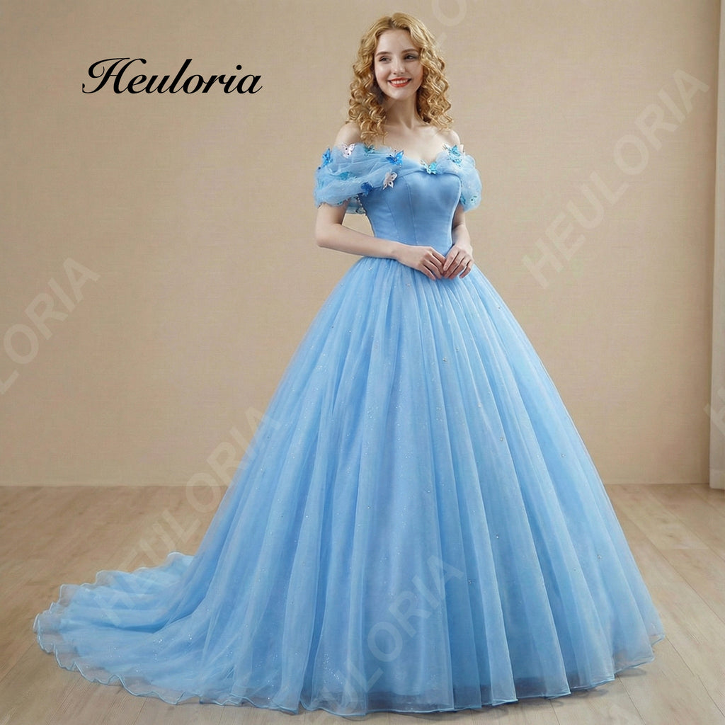 HEULORIA Cinderella Blue Butterfly Ball Gown - Off-the-Shoulder Tulle Quinceañera Prom Dress with Corset Back BA-1310