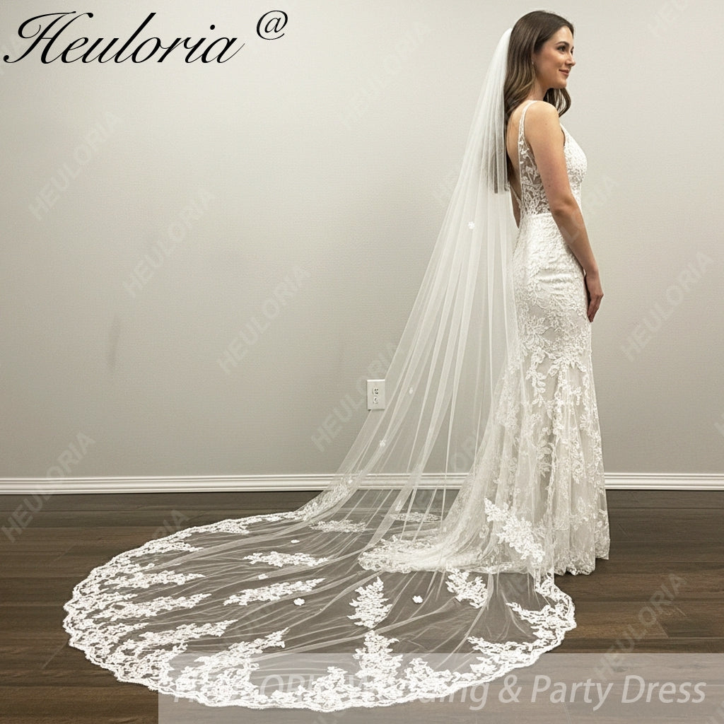 Vintage Lace Wedding Veils Floral Cathedral Veil,Floral Lace Cathedral Length Veil,Flowery Chapel Wedding Veil,Lace Chapel Length Veil/  VL-153 Main image