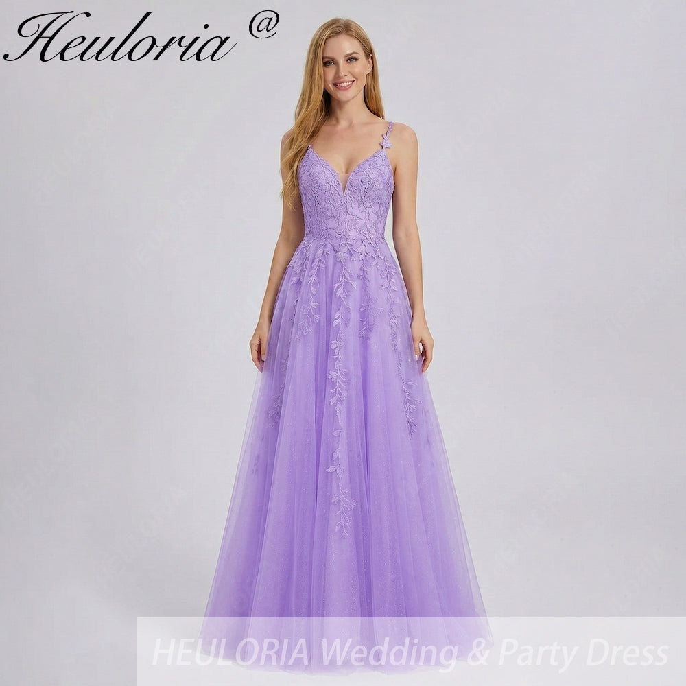 Lilac Lace V-Neck Evening Gown | Leafy Straps & Shimmer Tulle | Heuloria Lilac / Custom size Lilac Lace V-Neck Evening Gown | Leafy Straps & Shimmer Tulle | Heuloria Lilac / Custom size