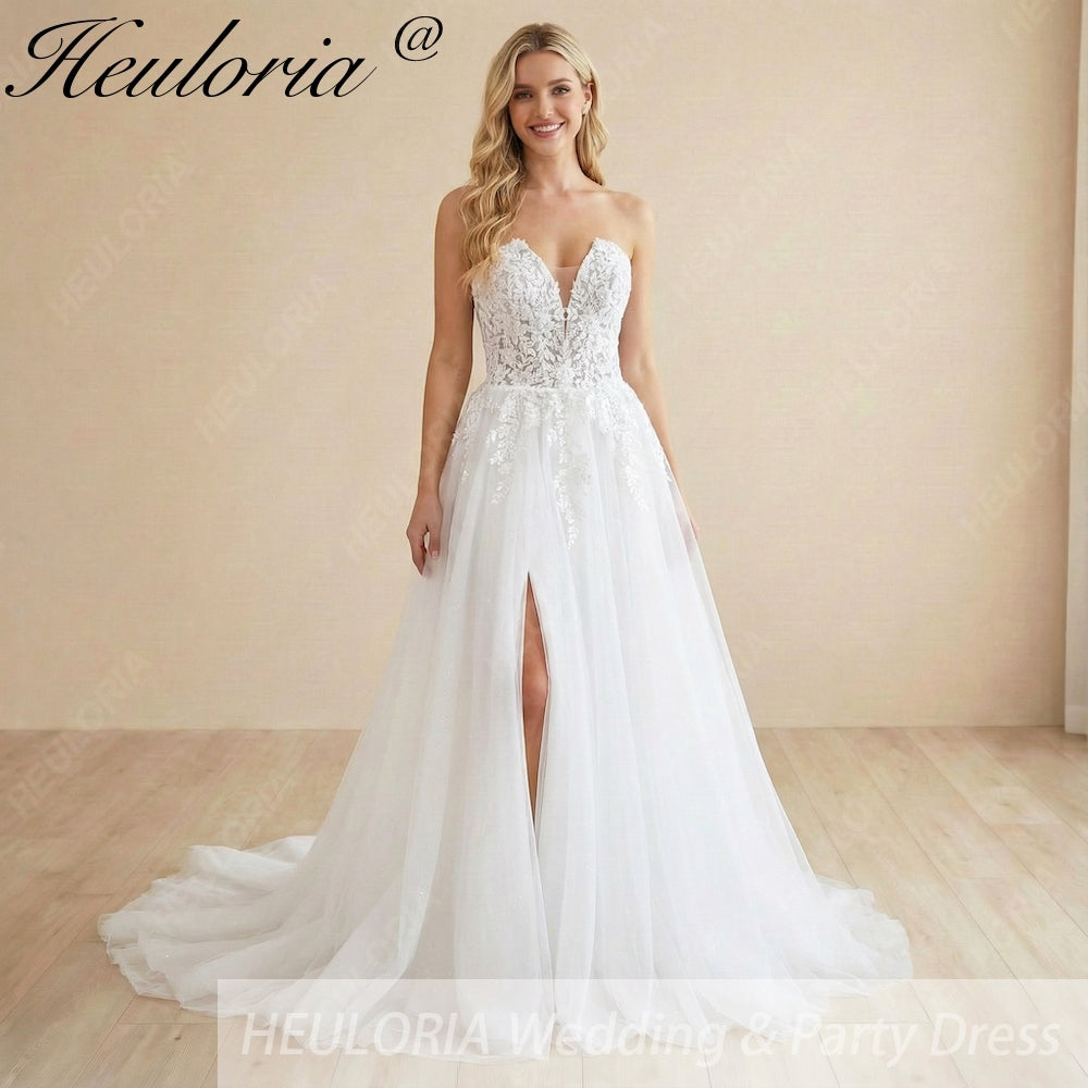 Heuloria Romantic Lace A-Line Wedding Dress: Plunging Sweetheart Neckline & High Slit Skirt AL-1034