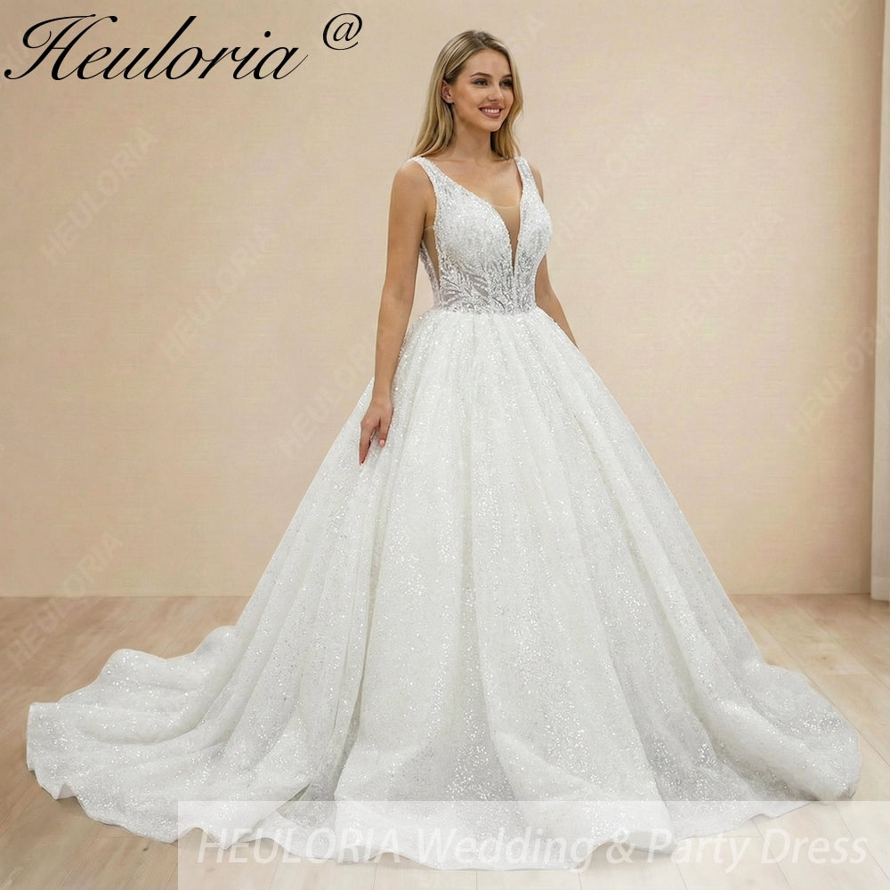 Heuloria Shimmering Deep V-Neck Glitter Ball Gown Wedding Dress - Sequined Lace Illusion Bodice) BA-1019