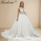 Heuloria Shimmering Deep V-Neck Glitter Ball Gown Wedding Dress - Sequined Lace Illusion Bodice) BA-1019