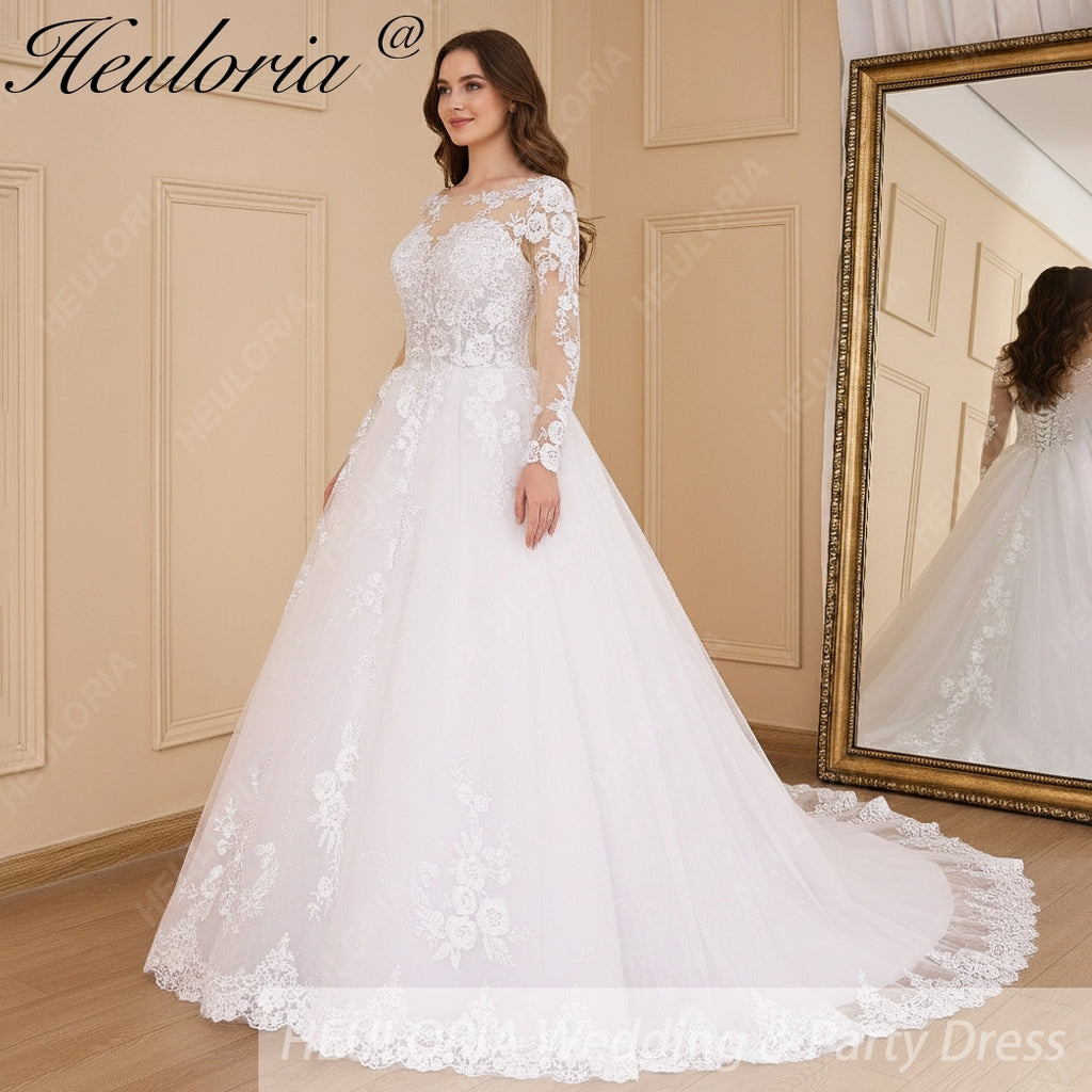 HEULORIA Princess Ball Gown Wedding Dress long sleeve bride dress o neck plus size robe de mariee Lace beading Wedding Bridal Gown BA-638