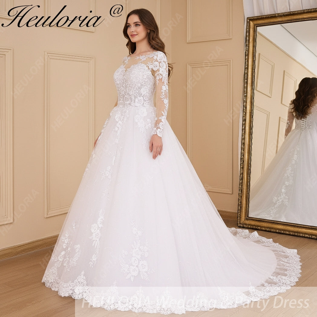 HEULORIA Princess Ball Gown Wedding Dress long sleeve bride dress o neck plus size robe de mariee Lace beading Wedding Bridal Gown BA-638