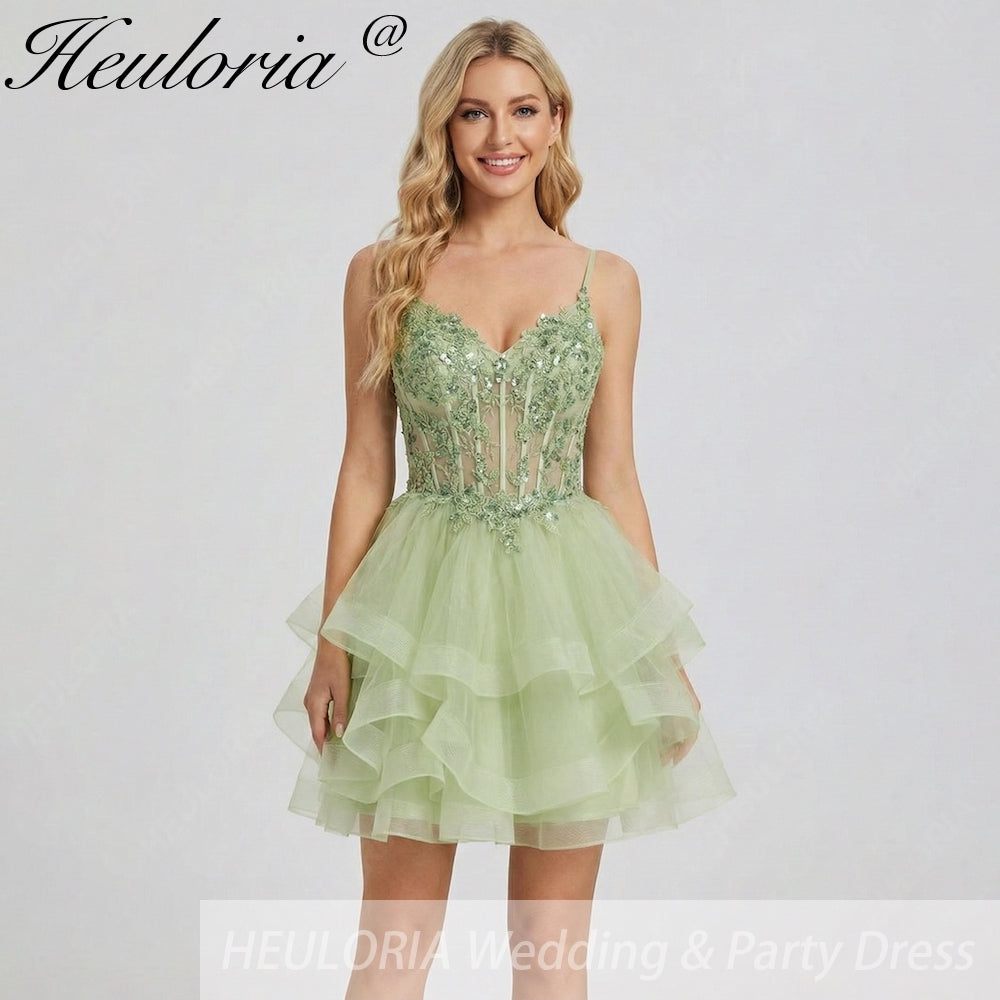HEULORIA Sage Green Sequin Floral Corset Short Homecoming Dress - Tiered Tulle Party Gown ED-320