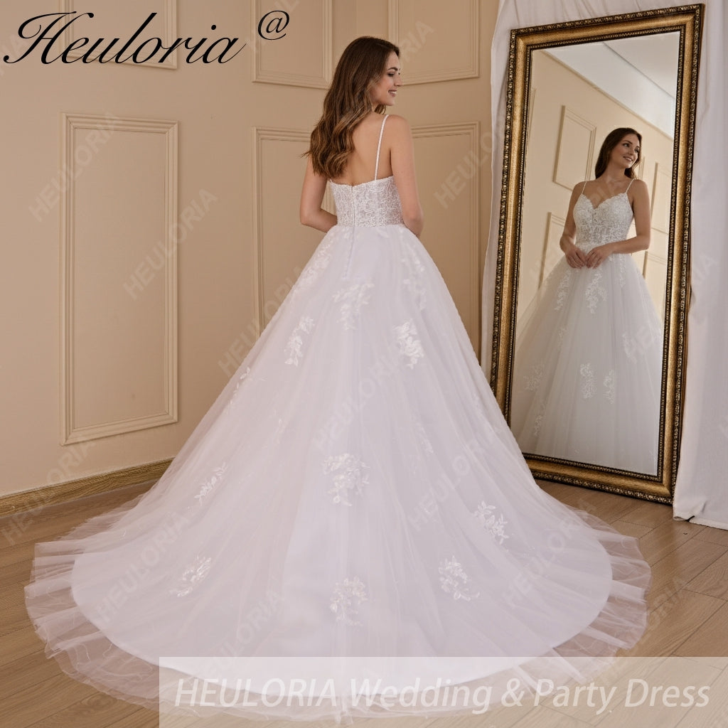 HEULORIA A-line Sweetheart Court Train Lace Tulle Wedding Dress With Sequins AL-717A
