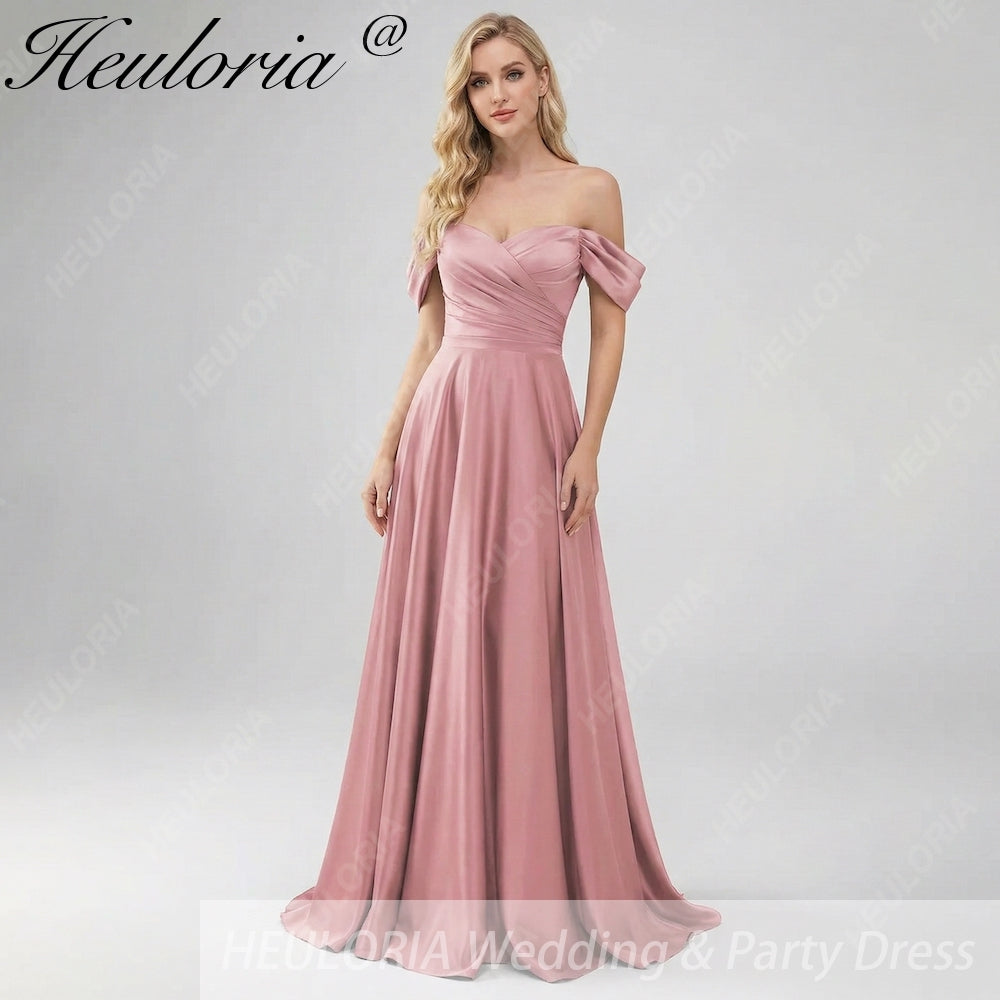 HEULORIA Elegant Off-The-Shoulder Pleated Satin Gown - Sweetheart Neckline A-Line Formal Evening Dress ED-232