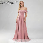 HEULORIA Elegant Off-The-Shoulder Pleated Satin Gown - Sweetheart Neckline A-Line Formal Evening Dress ED-232
