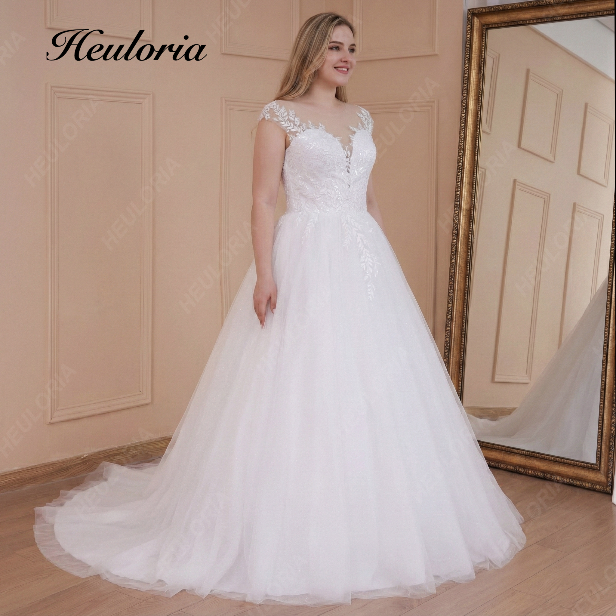 Lace A-Line Wedding Dress - Illusion Neckline & Cap Sleeves 2 / Champagne Lace A-Line Wedding Dress - Illusion Neckline & Cap Sleeves 2 / Champagne