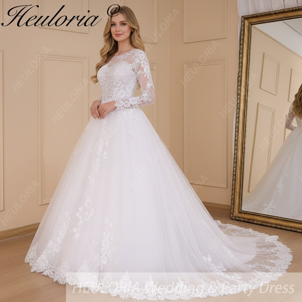 HEULORIA Princess Ball Gown Wedding Dress long sleeve bride dress o neck plus size robe de mariee Lace beading Wedding Bridal Gown BA-644 Immagine secondaria del prodotto