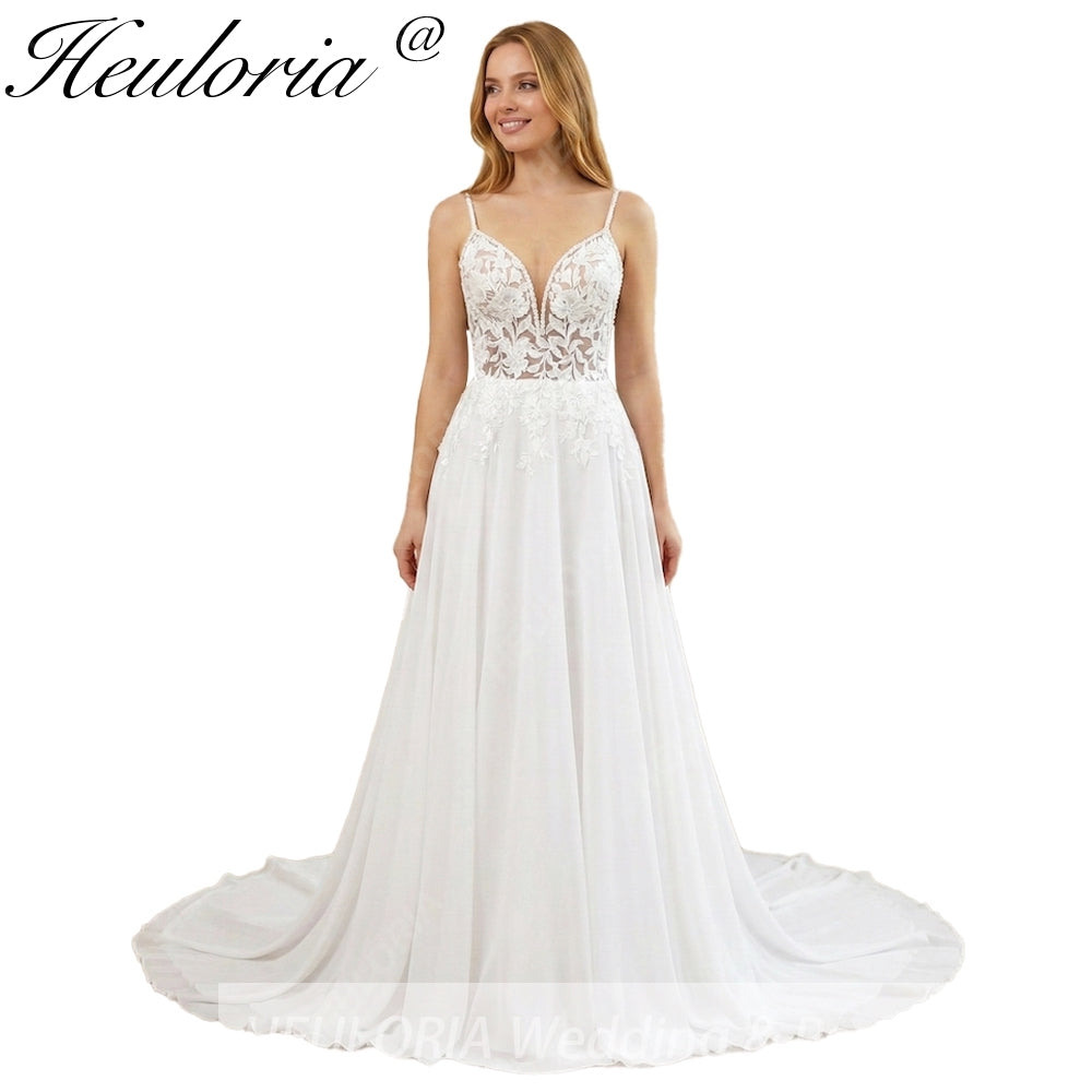 HEULORIA Ethereal V-Neck A-Line Lace Wedding Dress with Delicate Spaghetti Straps and Illusion Bodice #AL-997