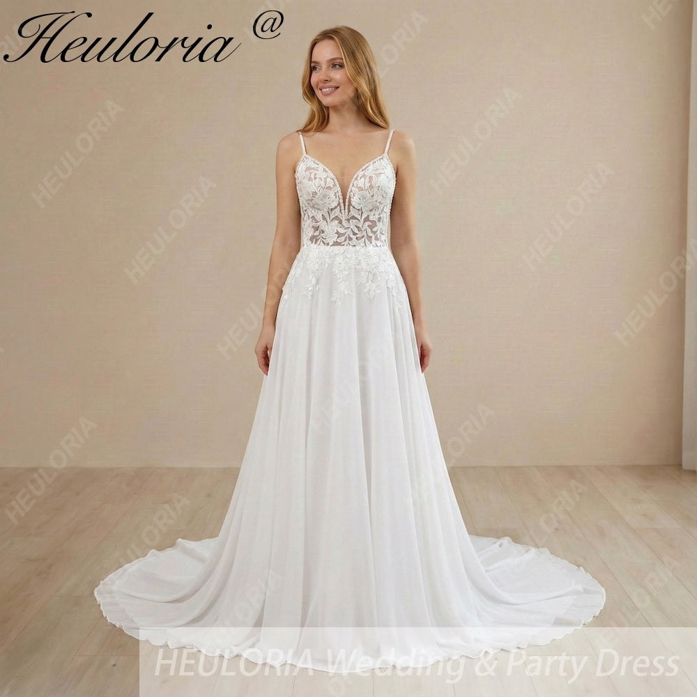 HEULORIA Ethereal V-Neck A-Line Lace Wedding Dress with Delicate Spaghetti Straps and Illusion Bodice #AL-997