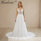 HEULORIA Ethereal V-Neck A-Line Lace Wedding Dress with Delicate Spaghetti Straps and Illusion Bodice #AL-997