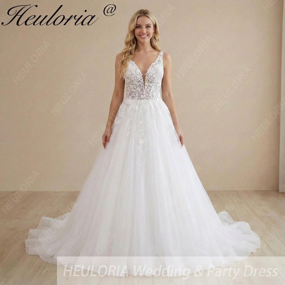 HEULORIA Illusion Deep V-Neck Floral Lace Ball Gown Wedding Dress with Glitter Tulle & Corset Back AL-1023