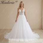 HEULORIA Illusion Deep V-Neck Floral Lace Ball Gown Wedding Dress with Glitter Tulle & Corset Back AL-1023