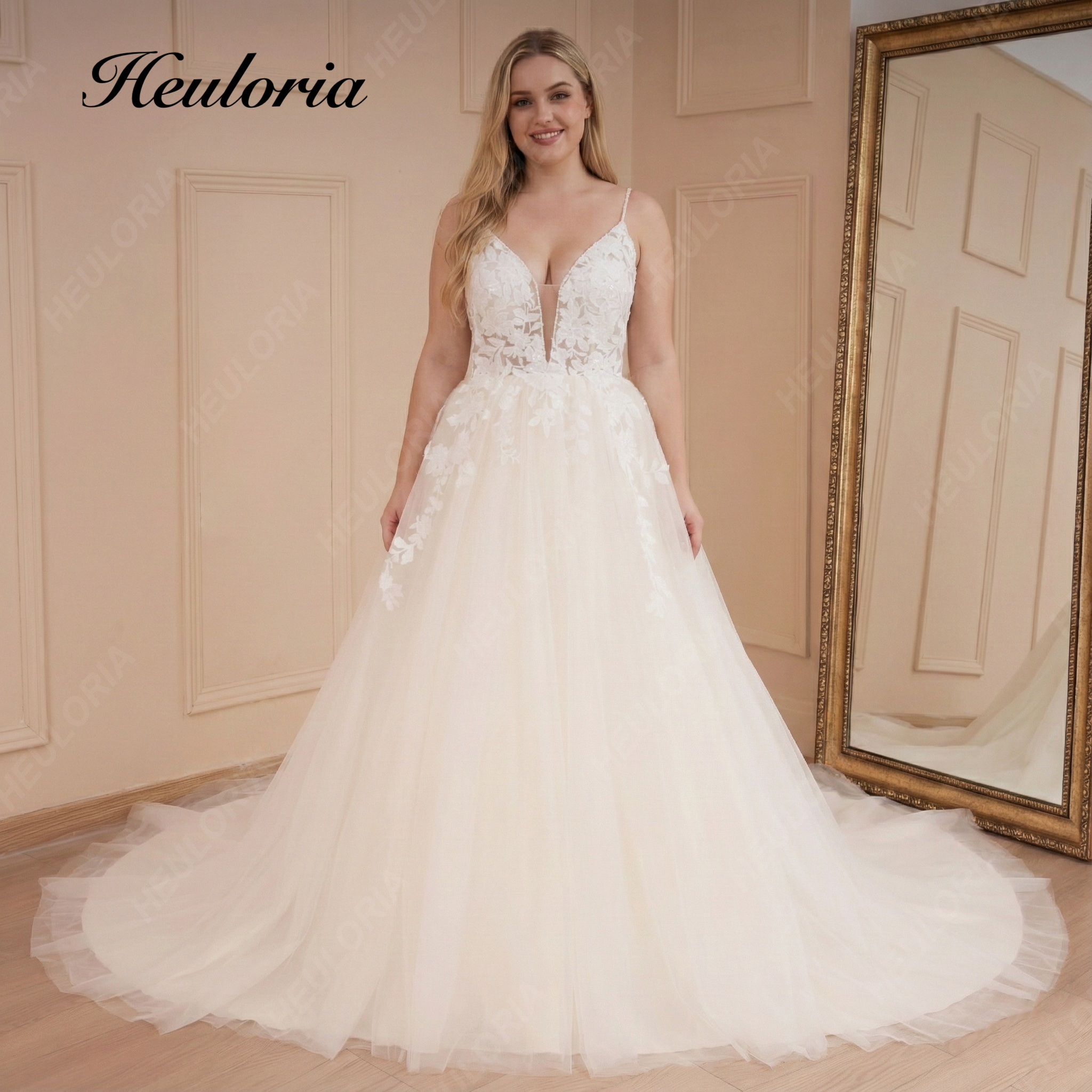 HEULORIA élégant une ligne Robe De mariée bretelles dentelle perles Robe De mariée Robe De mariée Robe De mariée longue train  Image principale du produit