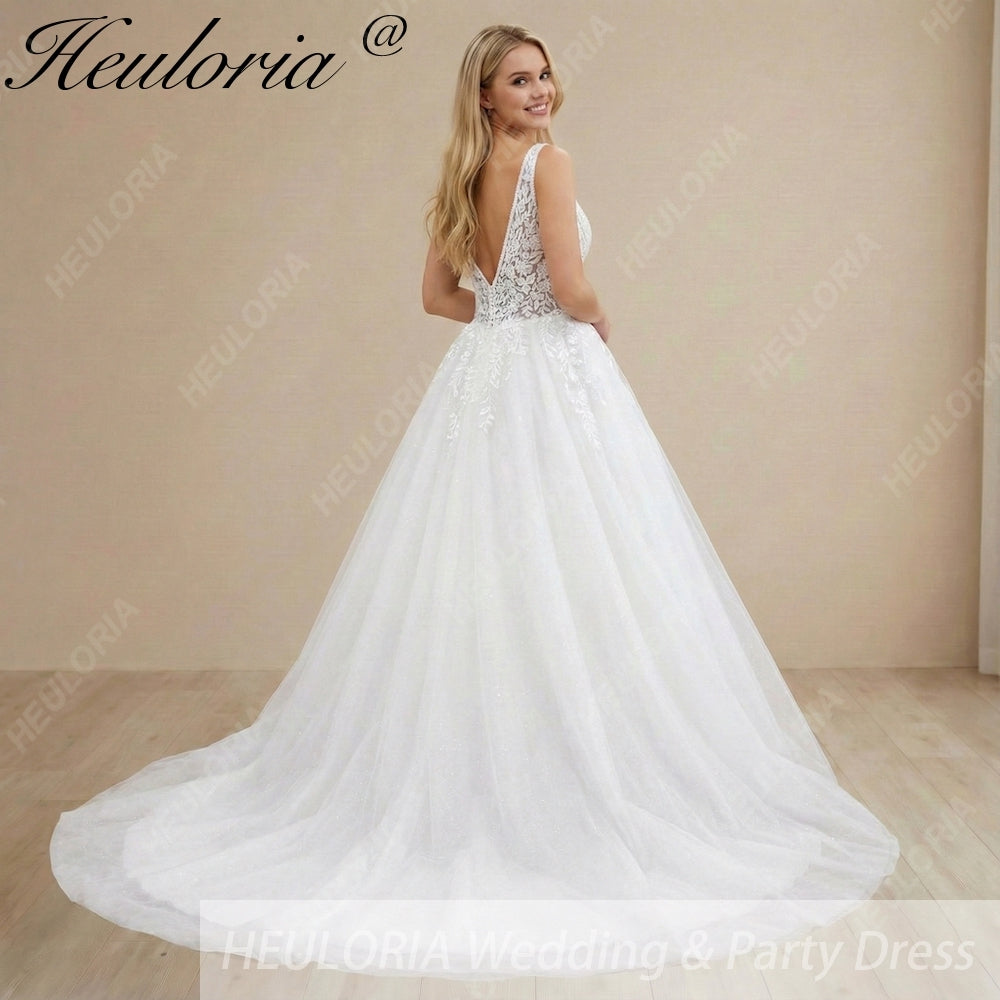 HEULORIA Elegant Plunging V-Neck Floral Lace A-Line Wedding Dress with Shimmer Tulle & Long Train AL-1056