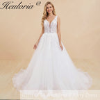 HEULORIA A line Wedding Dress V Neck sparky tulle lace applique bride dress with lace up back Customized AL-1032