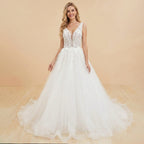 HEULORIA A line Wedding Dress V Neck sparky tulle lace applique bride dress with lace up back Customized AL-1032