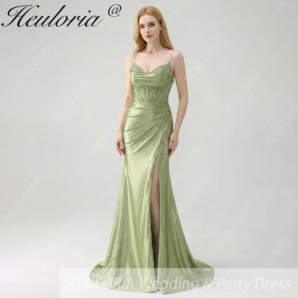 HEULORIA Sage Green Satin Mermaid Evening Dress with Lace Corset Bodice & High Slit ED-212