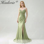 HEULORIA Sage Green Satin Mermaid Evening Dress with Lace Corset Bodice & High Slit ED-212