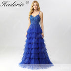 HEULORIA Royal Blue Tiered Tulle Prom Dress - 3D Floral Appliqué Corset Gown with Lace-Up Back ED-223