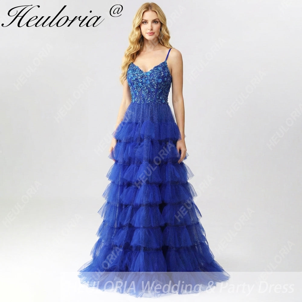 HEULORIA Royal Blue Tiered Tulle Prom Dress - 3D Floral Appliqué Corset Gown with Lace-Up Back ED-223