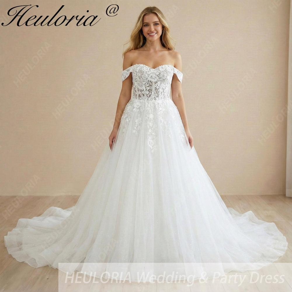 HEULORIA elegant A line wedding dress off shoulder Sparkly Glitter lace bridal dress long sleeve Robe De Mariee Wedding Bride Dress long train AL-1067 Main image