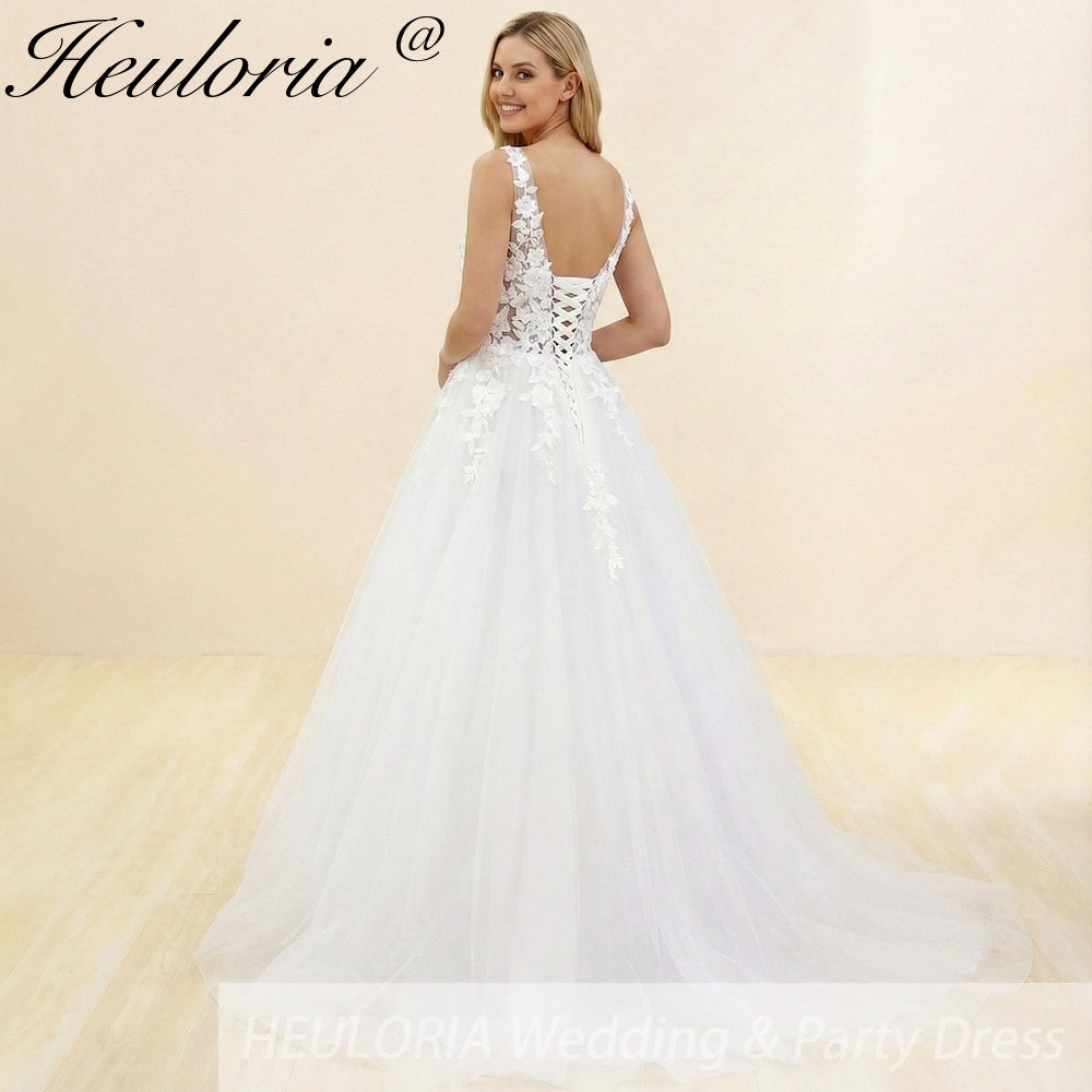 HEULORIA V Neck Sleeveless A lineWedding Dress Boho Lace Appliques Tulle Long Bridal Gowns Backless Vestidos de Novia Customized AL-1038 Imagen secundaria del producto