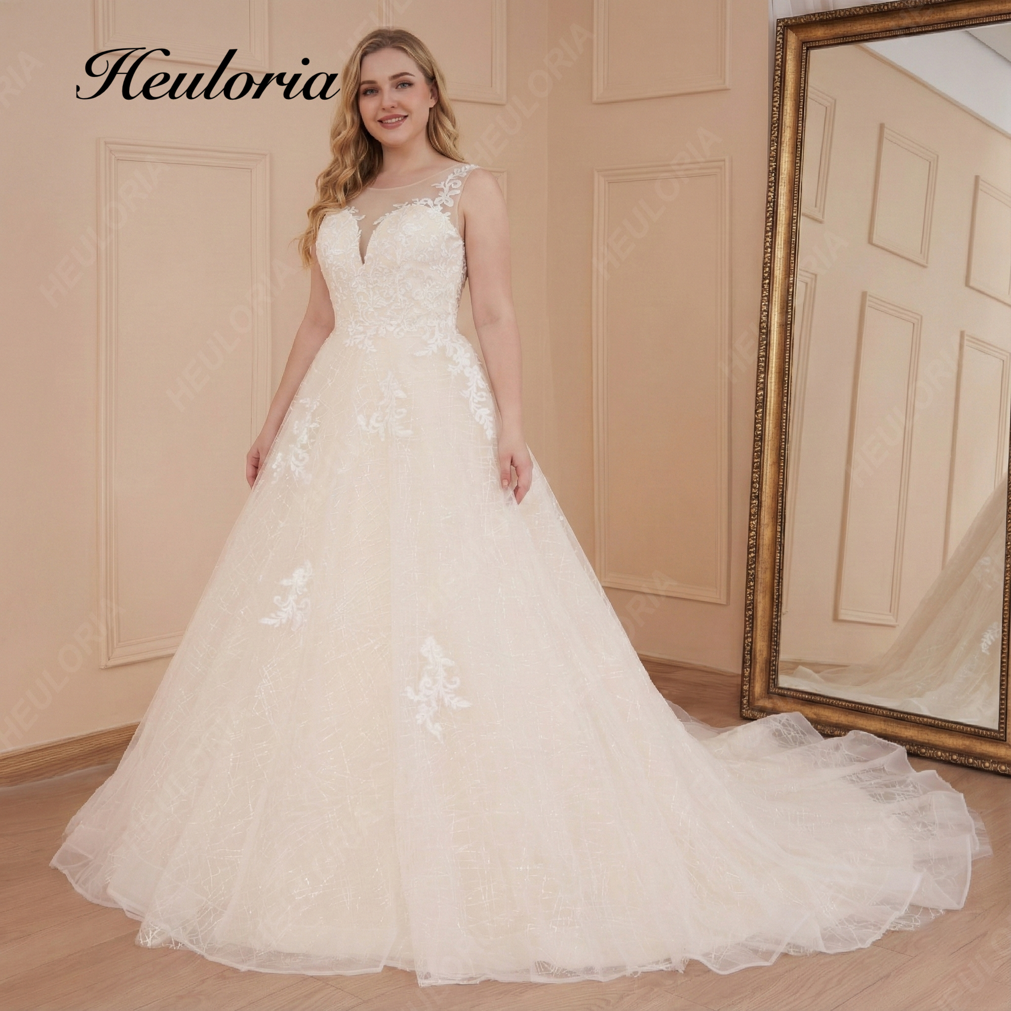 Plus Size Lace Deep V-Neck A-Line Wedding Dress with Illusion Details AL-561PLUS Immagine secondaria del prodotto