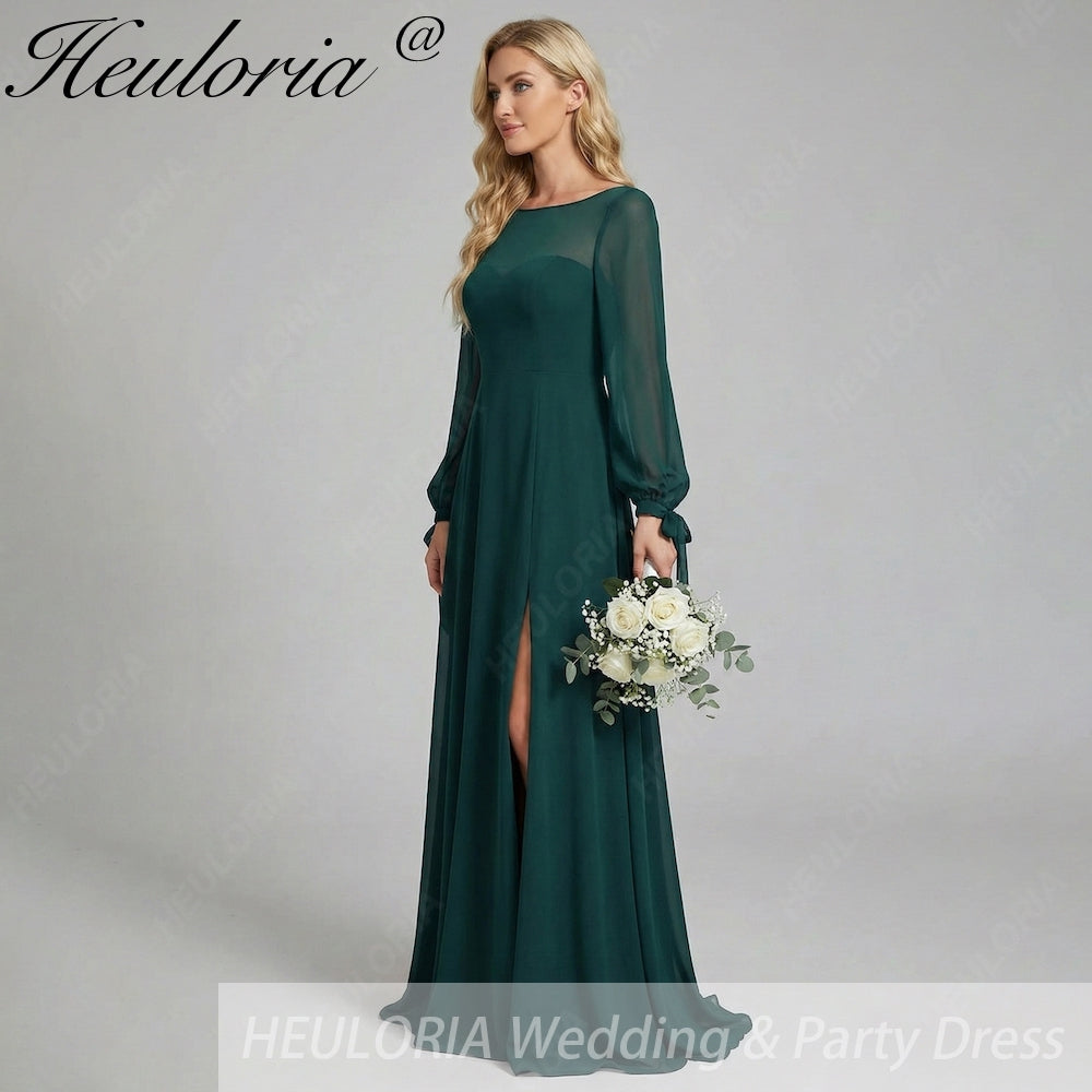 HEULORIA Dark Green Illusion Bateau Neck Evening Dress with Sheer Tie-Cuff Bishop Sleeves ED-255