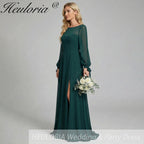 HEULORIA Dark Green Illusion Bateau Neck Evening Dress with Sheer Tie-Cuff Bishop Sleeves ED-255