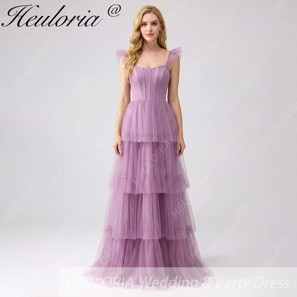 HEULORIA Romantic Tiered Tulle Corset Gown with Ruffled Straps and Lace-Up Back Formal Dress ED-226