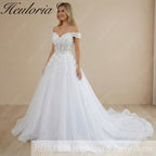 Heuloria Botanical Leaf Lace Corset Wedding Dress with Romantic Off-the-Shoulder Draped Sleeves BA-1084