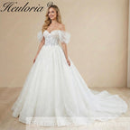 HEULORIA Sparkly Off-the-Shoulder Puff Sleeve Wedding Dress – Shimmering Lace Sweetheart Ball Gown BA-1076