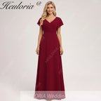 HEULORIA Long Bridemaid dress short sleeve V neck chiffon party dress formal dress ED-133