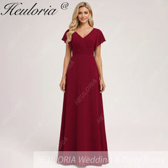 HEULORIA Long Bridemaid dress short sleeve V neck chiffon party dress formal dress ED-133