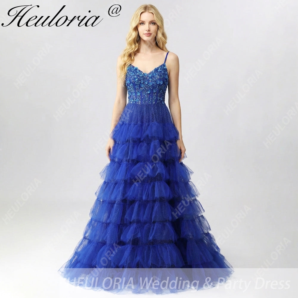 HEULORIA Royal Blue Tiered Tulle Prom Dress - 3D Floral Appliqué Corset Gown with Lace-Up Back ED-223