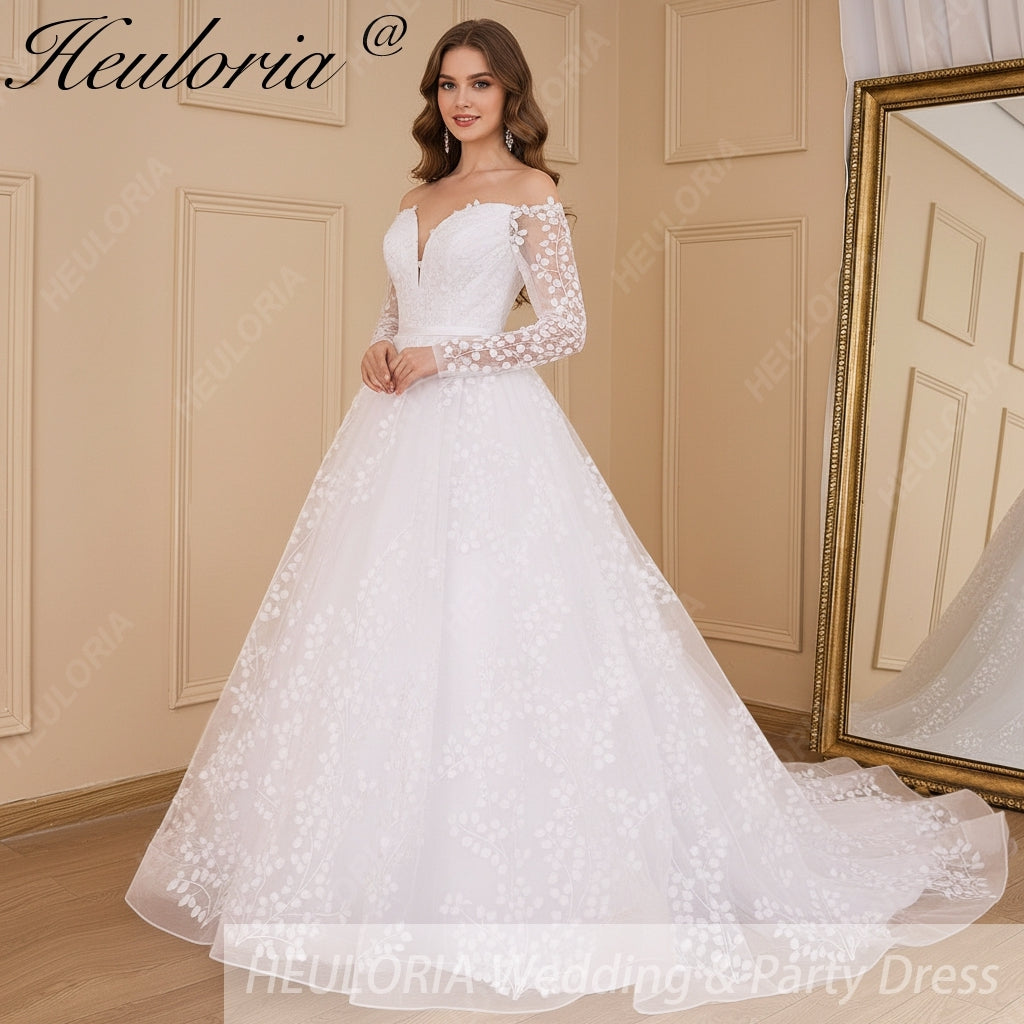HEULORIA elegant Wedding Dress off shoulder puff sleeve A Line bride dress robe de mariee 3D floral  Bridal Gown BA-637