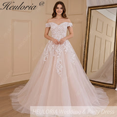 HEULORIA A-line Off the Shoulder Court Train Tulle Lace Wedding Dress AL-677