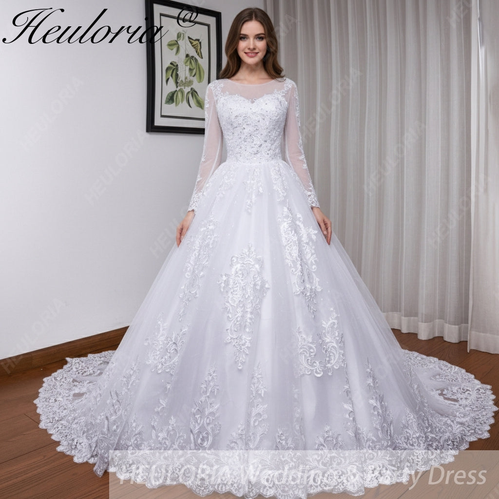 HEULORIA Princess Wedding Dress long sleeve bride dress plus size robe de mariee Lace beading shinny skirt Wedding Bridal Gown BA-530