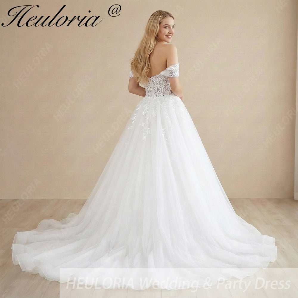 HEULORIA Ethereal Off-The-Shoulder Sweetheart Lace Wedding Dress with Chapel Train BA-1043