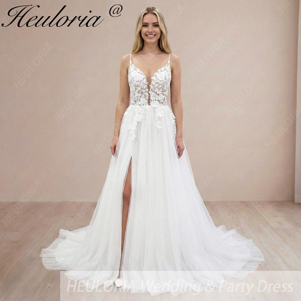 HEULORIA  elegant A line wedding dress Spaghetti Strap lace applique bridal dress Robe De Mariee Wedding Bride Dress AL-1077